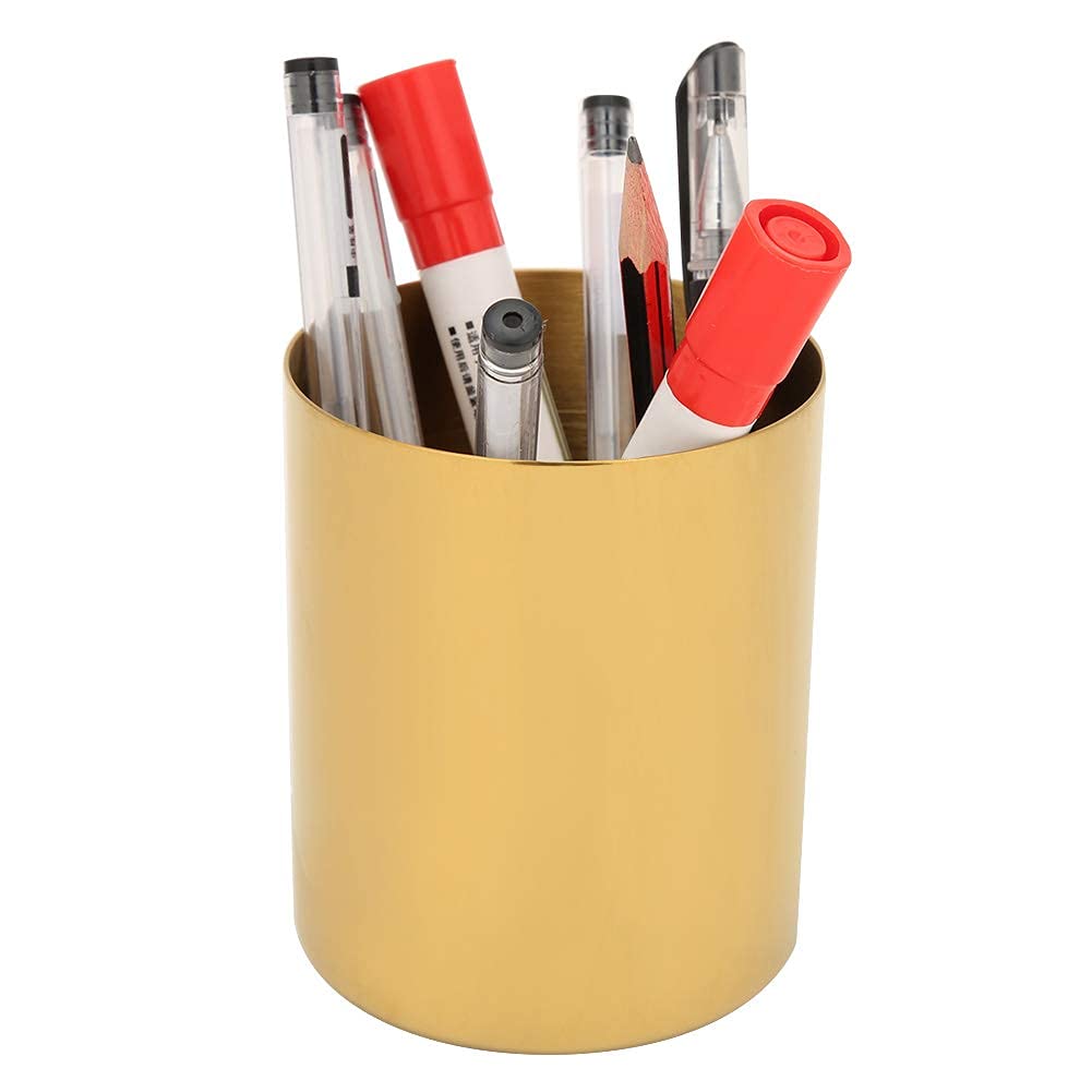 Pencil Holder, Stainless Steel Gold Vase Nordic Denmark Bronze Round Pen Holder Metal Flower Arranging Device [Golden Round Pen Holder]