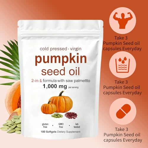 KITABIO Pumpkin Seed Oil Capsules | Pumpkin Seed Oil with Saw Palmetto - Cold-Pressed | Easy-to-Swallow Softgels – Resealable Package | Non-GMO - 180 Pc/1 Bag (Z-1)