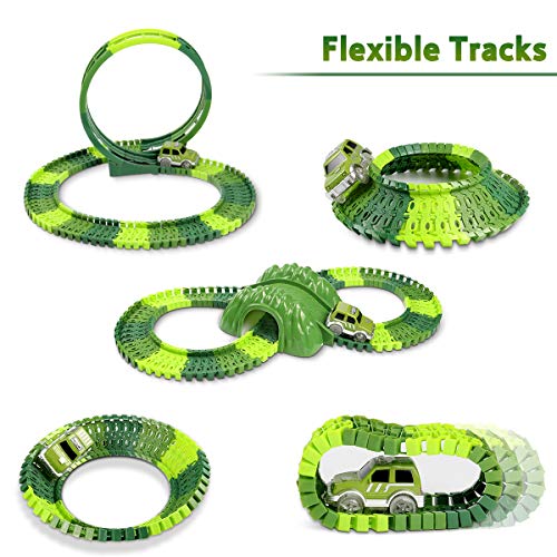 Lydaz Dinosaur Race Car Track Toy Mega Set 306 Pcs, Dual Loops 6 Dinosaurs Figures Flexible Train Track for Kids Boys Girls 3 Years Old and Up - Thumbnail 2