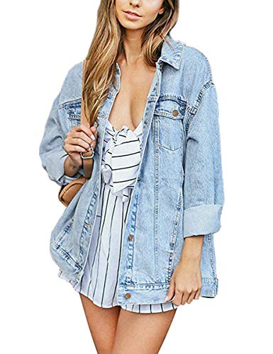 Oversized Denim Jacket for Women Long Sleeve Classic Loose Jean Trucker Jacket (S, Pale Blue Washed)