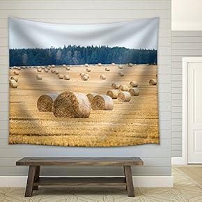 Hay Bales on The Field After Harvest - Fabric Wall Tapestry Home Decor - 51x60 inches