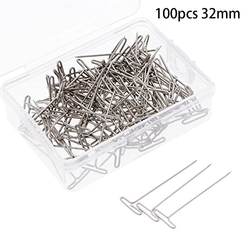 100Pcs Hair T Pins For Blocking Knitting Modelling Macrame Holding Wigs DIY Hair Style Tool with Plastic Box Strong Durable Easy to Insert and Remove 03#32mm