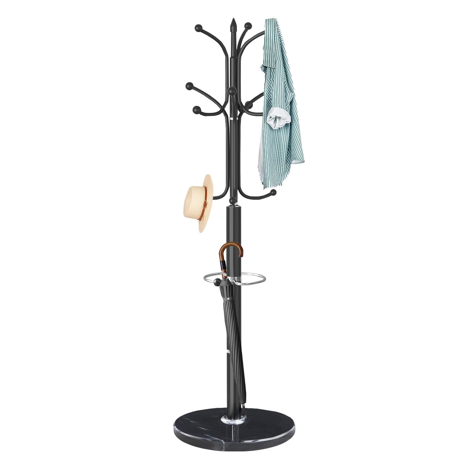 Photo 1 of **DAMAGED** ZOZOE Metal Coat Rack Stand, Modern Coat Rack Freestanding with Natural Marble Base, Sturdy Coat Racks with 12 Hooks & Umbrella Holder,Black Coat Tree Hanger Stand for Bags,Hats,Entryway,Office