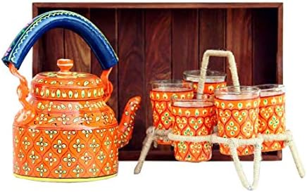 Beautiful Hand-Painted Multicolor Tea Kettle Pot (Set of Seven- Orange)