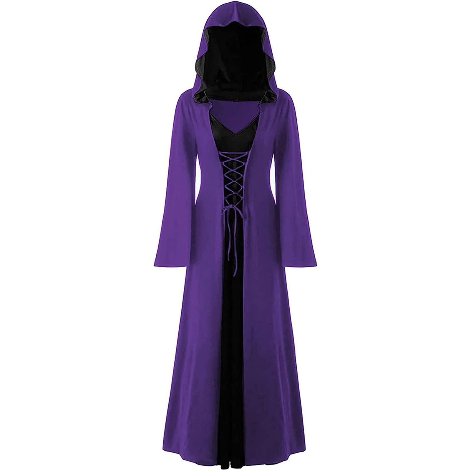 FSUJWOA Halloween Vintage Witch Dress, Witch Hooded Dress Witches Costume, Womens Renaissance Medieval Costume (Purple and black, S)