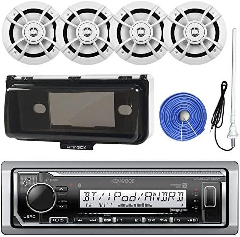 Kenwood Single DIN Marine Boat Audio Bluetooth USB Receiver W/Protective Cover Bundle Combo with 4X 6.5-Inch 100 Watt 2-Way White Coaxial Speakers + Enrock Radio Antenna + 50 Foot 14g Speaker Wire