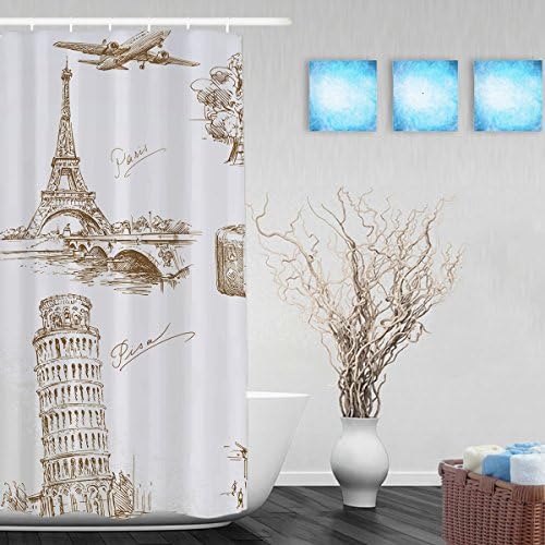 Sketch Leaning Tower Of Pisa Eiffel Tower View Scene Bathroom Shower Curtains Travel Over Europe Waterproof Mildew Polyester Fabric Shower Curtain 36"X72"Inch
