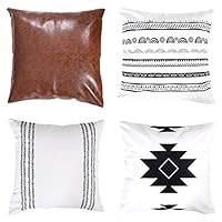 HoneiLife Throw Pillow Cover Set - Decorative Pillow Cases for Couch & Sofa,Modern Design Cushion Covers for Bed & Home Decor,100% Cotton Stripes Geometric Faux Leather Amaro Set