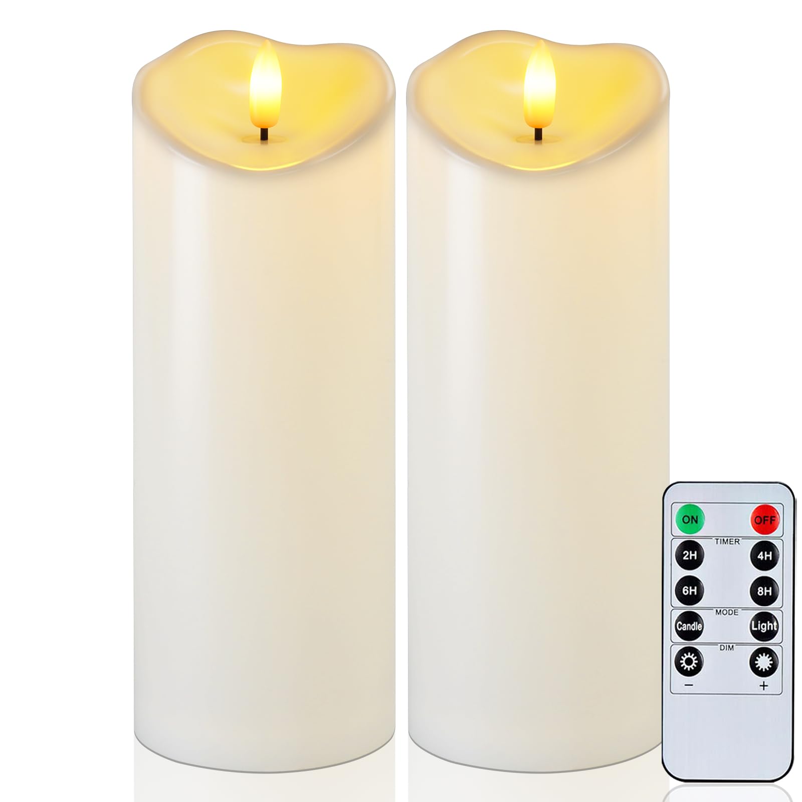 Photo 1 of Raycare 8"x3" Outdoor Waterproof Flameless Candles, Battery Operated LED Candles with Remote Control and Timer, Electric Fake Plastic Pillar Candles, Ivory White, Set of 2