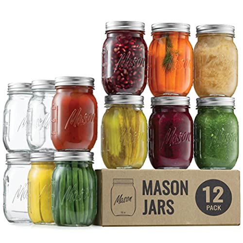 Photo 1 of **2 HEAVY DAMAGE**Paksh Novelty Mason Jars 16 oz - 12-Pack Regular Mouth Glass Jars with Lid & Seal Bands - Airtight Container for Pickling, Canning, Candles, Home Decor, Overnight Oats, Fruit Preserves, Jam or Jelly