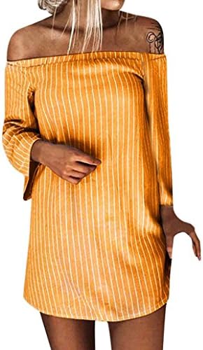 IEason-Dress Women Sexy Autumn Winter Pullover Long Sleeve Striped Slash Neck Mini Dress
