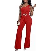 acelyn One Off Shoulder Jumpsuit for Women Sexy Dressy Sleeveless Belted Wide Leg Jumpsuit Elegant Party Outfit