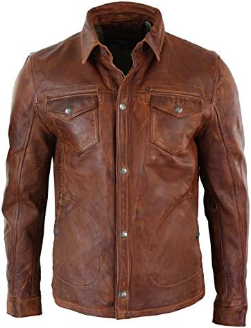 Mens Tan Timber Washed Slim Fit Shirt Jacket Retro Smart Casual Genuine Leather