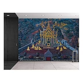 Wat Phra Kaew Temple Fresco - Bangkok Thailand - Painted Wall Decor - Gold Leaf - Wall Mural, Removable Sticker, Home Decor - 100x144 inches