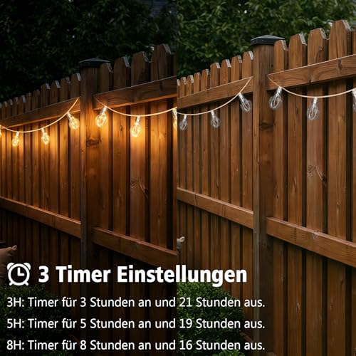 DBFAIRY 10 m Solar Fairy Lights Outdoor with 20 Bulbs, Solar Fairy Lights Outdoor Weatherproof with Timer 8 Modes, Vintage Hemp Rope Solar Fairy Lights Outdoor for Garden Balcony Party (Warm White)