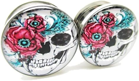 Flower & Skull Stainless Steel Ear Plugs - Screw on - New *Pair*