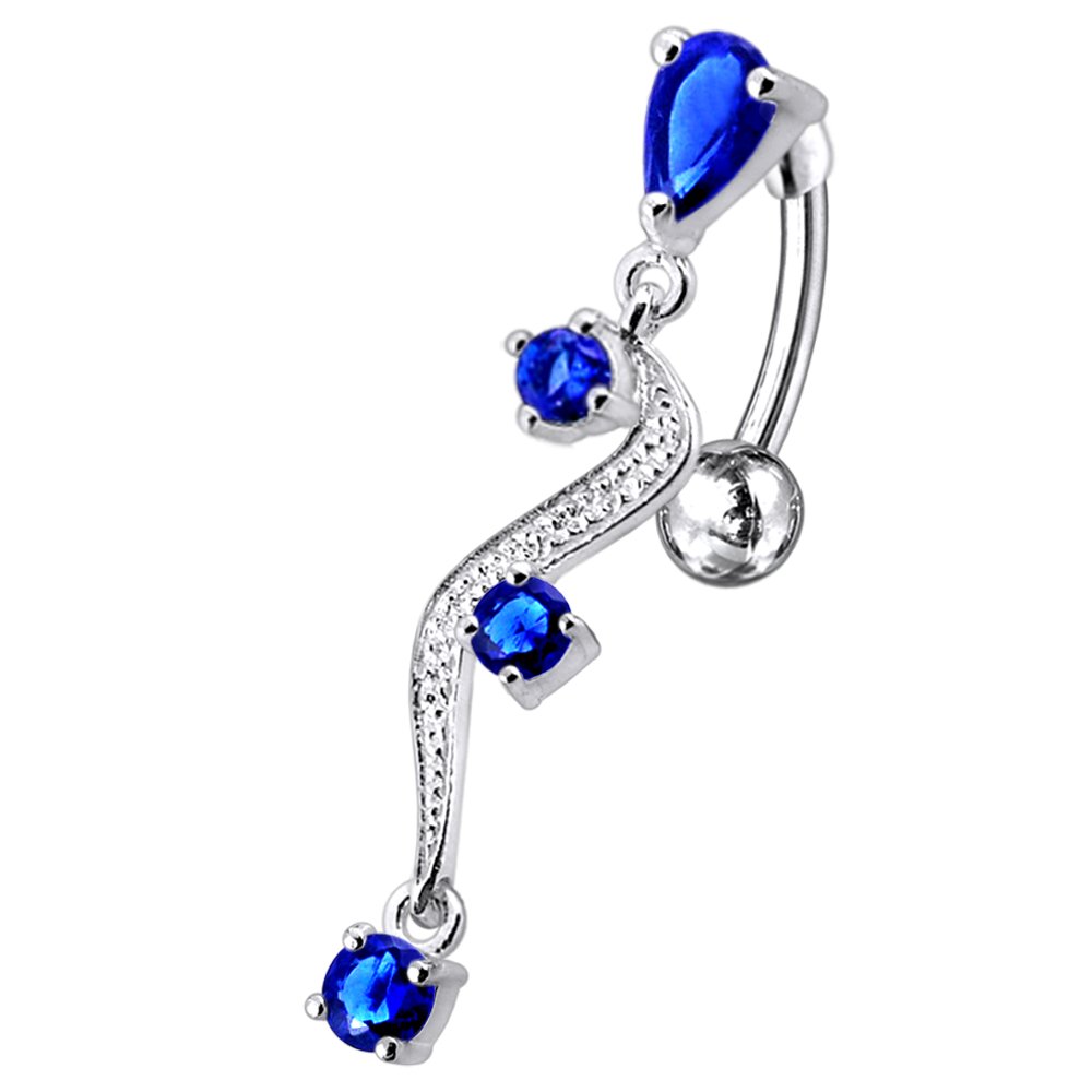 CZ Crystal Stone Curved Branch Dangling Reverse Bar 925 Sterlingl Silver Belly Ring Body Jewelry