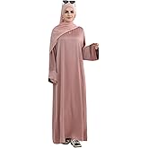Muslim Praying Dress for Women Silk Glossy Back Zipper Robe Wear Gold Trim Modest Abaya Dress with Hijab
