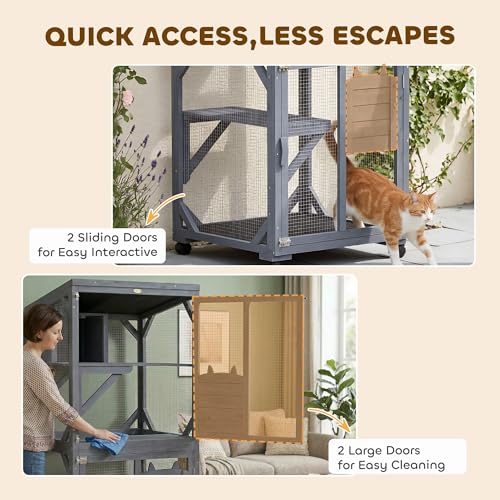 PawHut Catio Outdoor Cat Enclosure, Wooden Cat House on Exercise Wheels Indoor Outdoor, Kitty Cage with Resting Box, Waterproof Roof, for 2 Cats, 25.6" x 25.6" x 63", Dark Grey