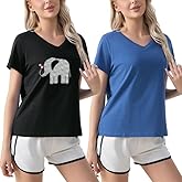 ENJOYNIGHT 2 Pack Womens Pajama Tops Cotton T-Shirt V-Neck Soft Sleep Pj Shirt Short Sleeves