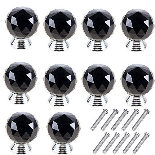 Mosong 10pcs 30mm Glass Clear Cabinet Knob Drawer Pull Handle Kitchen Door Wardrobe Hardware Used for Cabinet, Drawer, Chest, Bin, Dresser, Cupboard, Etc (Black/Jet)