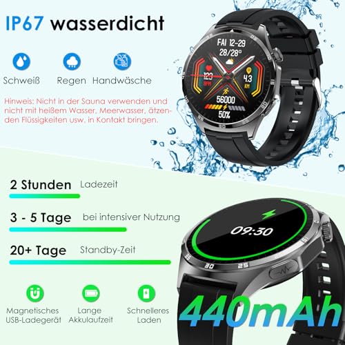 2026 Neu Smartwatch Herren mit EKG/Blutdruck/Harnsäure/Schlaf-Monitor/Emotion/Stimmung/BMI Rund 1,43"AMOLED Gesundheitsuhr mit Herzfrequenz SPO2,Bluetooth-Anrufe SOS-Notruf Fitnessuhr für iOS/Android