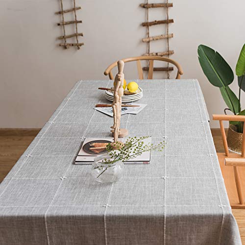 JZY Heavy Duty Cotton Linen Tablecloth for Rectangular Tables Solid Embroidery Lattice Table Cloth for Kitchen Dinning Tabletop Decoration (52"x70", Grey)