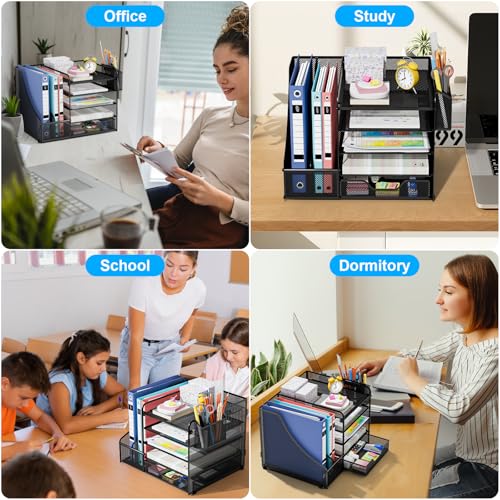 Apritsce Desk Organizer, Desk File Holder, 5 Trays Office Document Holder with Drawer and Pen Holder, Multifunctional Stationery Organizer for Office Stationery Home