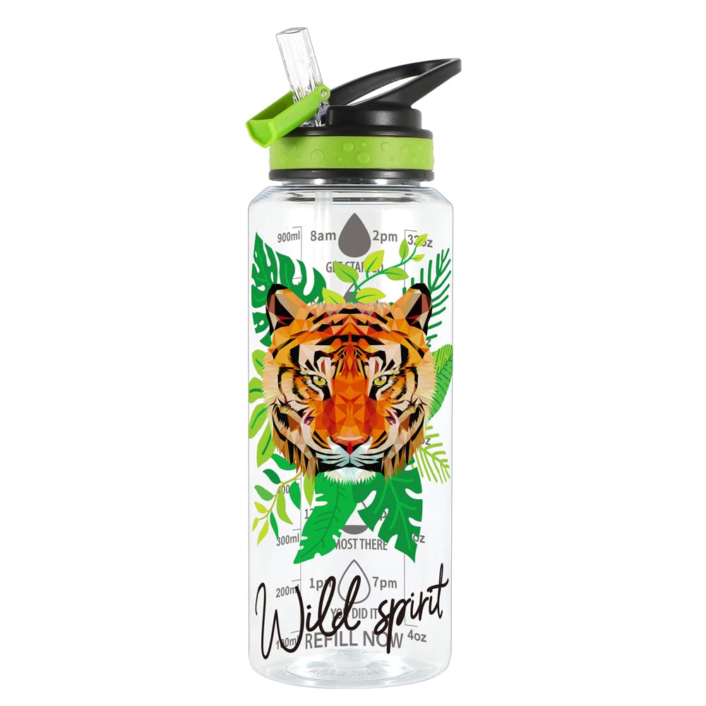 Home Tune 32oz Water Drinking Bottle - Tritan BPA Free, Wide Mouth, Straw Flip Lid, Easy Open, Lightweight, Leak-Proof Water Bottle with Foil Print Design For Girls & Boys - Tiger
