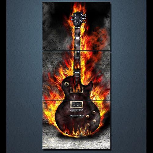 Large Modern Contemporary Canvas Print Painting on Canvas 3 PCS Burning Fire Guitar Passion Posters and Prints Wall Art for Living Room Home Decor Gallery-wrapped Artwork Framed Stretched(28''Wx60''H)