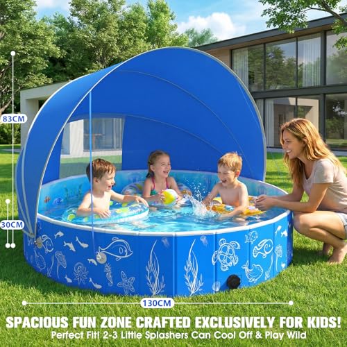 Luxfero Children's Swimming Pool with Canopy, Children's Pool with Sun Shield, Thickened Foldable Paddling Pool for Children, Anti UV, Easy to Store, Family Pool for Garden Beach, 130 x 130 x 30 cm