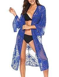Cardigan de encaje para dama Floral Crochet Sheer Beach Bikini Cover Ups Long Open Kimono