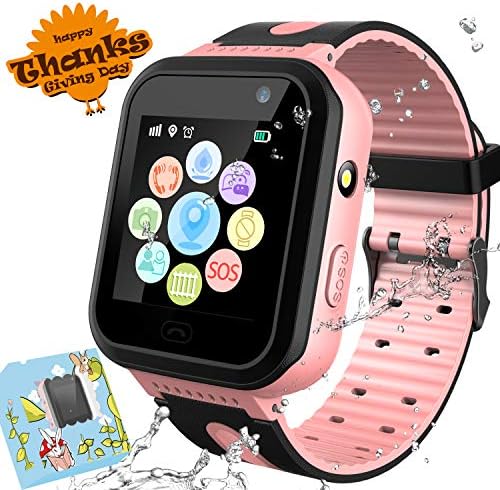 Waterproof Smart Watch Phone for Kids - GPS LBS Tracker Watch Phone with Camera Touchscreen SOS Pedometer Thanksgiving for Boys Girls (Pink)