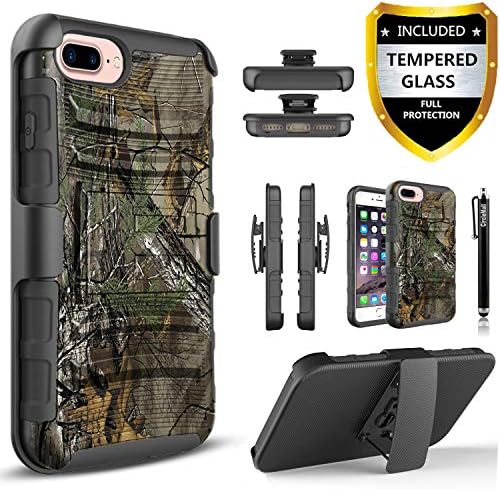 [Circlemalls]- iPhone 7 Plus Case, with [Tempered Glass Screen Protector Included], (NOT Fit iPhone 7 ) Dual Layers Combo And Built-In Kickstand Belt Clip Holster Shockproof Phone Cover- Camo