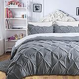 Slashome Duvet Cover Queen, 3Pcs Pinch Pleat Luxurious Decorative Softest Grey Brushed Microfiber Bedding Set with Zipper Closure and Corner Ties