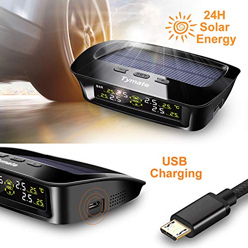 Tymate TPMS Solar Power with HD LCD Screen- Real-time Displays 4 Tires' Pressure, Temperature (-40â„ƒ~80â„ƒ)- Wireless Tire Pressure Monitoring System with 4pcs External Sensors (0-6.0 BAR)- 6 Alarm Modes