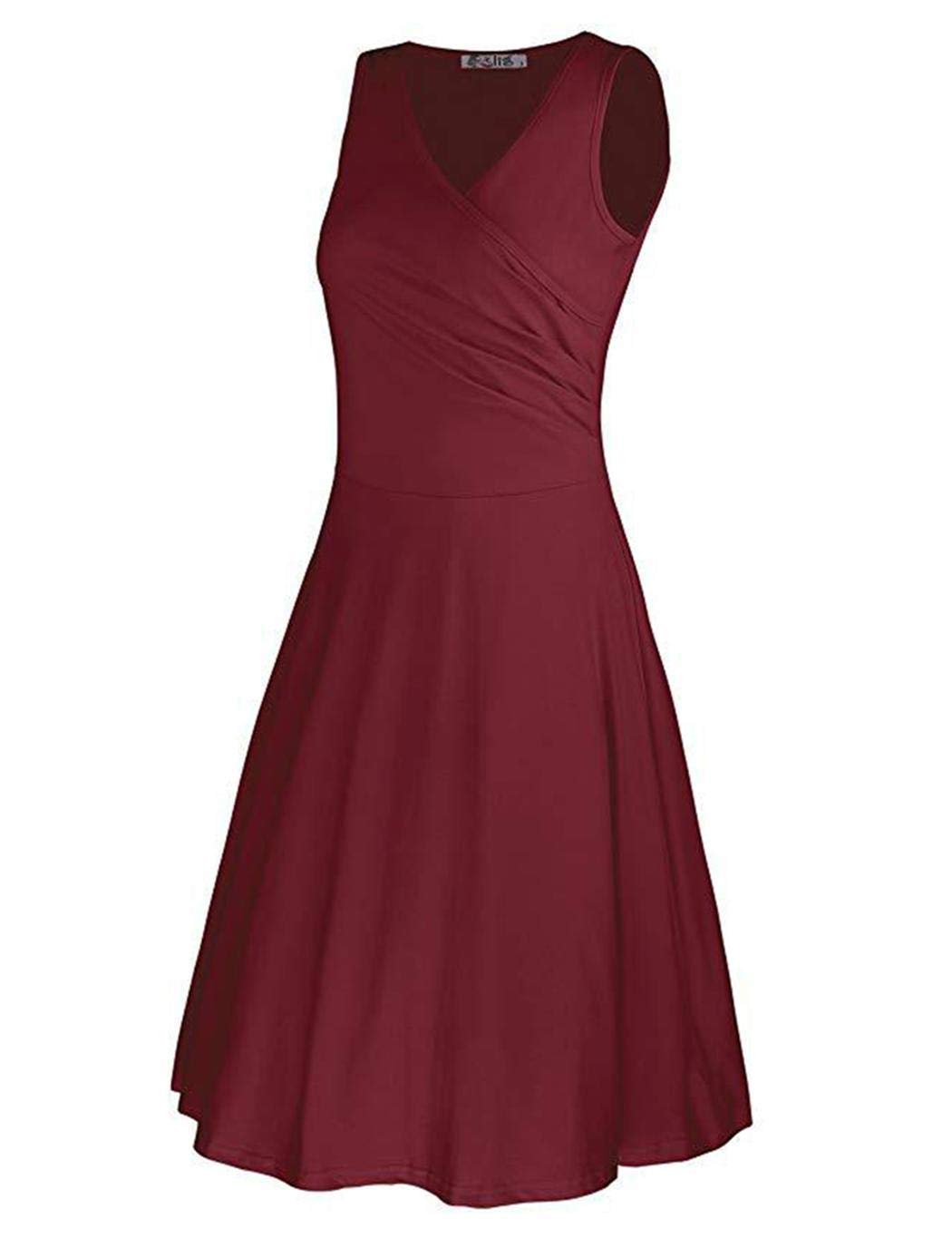 Meflying Women Casual V Neck Solid Color Pleated Sleeveless Midi Dress Dresses Wine Red