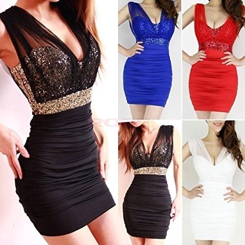 Sexy Low-Cut Sequin Backless Empire Waist Sleeveless Mesh Mini Club Party Dress 14243 One Size Vestidos