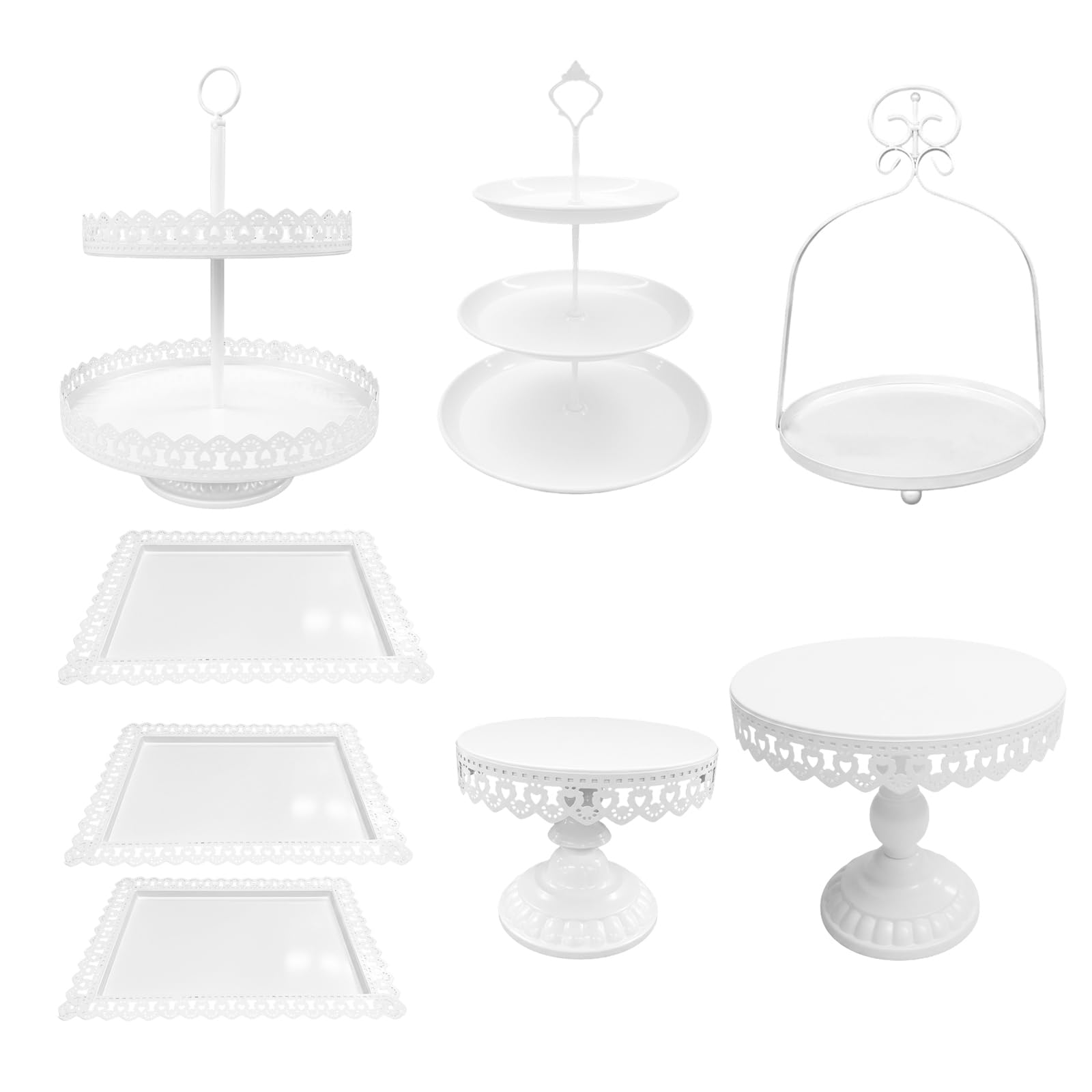 Photo 1 of 8 Pcs Cake Stands Set Metal Dessert Table Display Tiered Cupcake Holder Candy Donut Fruit Plate Cake Serving Tray with Handle Treats Serving Tower for Wedding Birthday Party Decorations (White)
