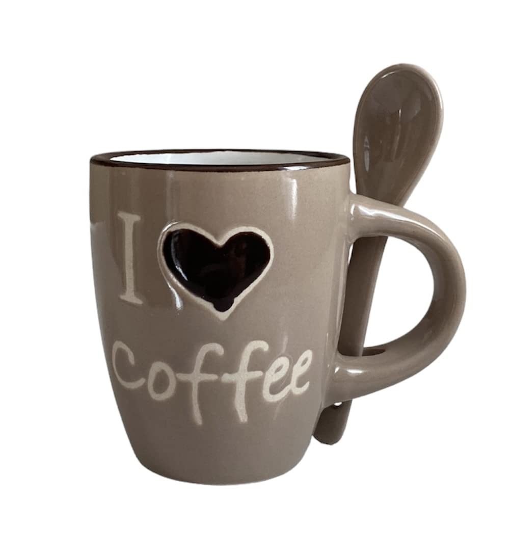 COFFEE CUP, CERAMIC COFFEE CUP WITH INTEGRATED SPOON, CUP WITH WRITTEN "I LOVE COFFEE", HEIGHT 6.5CM, CAPACITY 65 ML. (Bianco_dove)