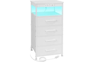 LOAKEKEL White Night Stand, LED Nightstand with Charging Station, Tall Dresser for Bedroom with 4 Fabric Drawers, End Side Table with USB Type C Port and Outlets, HNS124WT-1