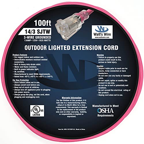 100 ft 14 Gauge Heavy Duty Lighted SJTW Indoor/Outdoor Pink Extension Cord by Watt's Wire