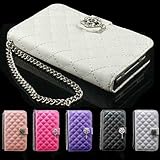 Luxury Lambskin 3D Bling Crystal Diamond PU Leather Wallet Chain Card Holder Flip Case Cover For Smart Mobile Phones (ZTE ZMax Z970 , White )