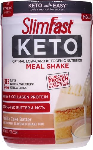 SLIMFAST KETO MEAL REPLACEMENT POWDER, KETO MEAL REPLACEMENT SHAKE, LOW CARB, WHEY PROTEIN, COLLAGEN PROTEIN, GRASS FED BUTTER, WEIGHT LOSS SHAKES POWDER, GLUTEN FREE, VANILLA CAKE BATTER, 10 SERVINGS