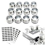 FORCE MAGNET Upgraded LIDS - 12 Magnetic Spice Tins, 128 Custom Awesome Spice Labels, Free Pen Round Storage Spice Jars Set of 12, Clear Top Lid, Real Stainless Steel