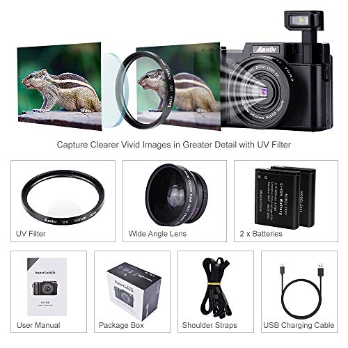 Digital Camera, AMKOV R2 Vlogging Camera 24 MP Point and Shoot Selfie Camera 1080P Camcorder with Wide Angle Lens, UV Filter, 4X Zoom, 2 Rechargeable Batteries, Flip Screen, Retractable Flashlight - Thumbnail 6