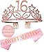 MEANT2TOBE 16th Birthday Sash and Tiara for Girls - Fabulous Set: Glitter Sash + Stars Rhinestone Pink Premium Metal Tiara, 16th Birthday Gifts for Sweet 16 Birthday Party