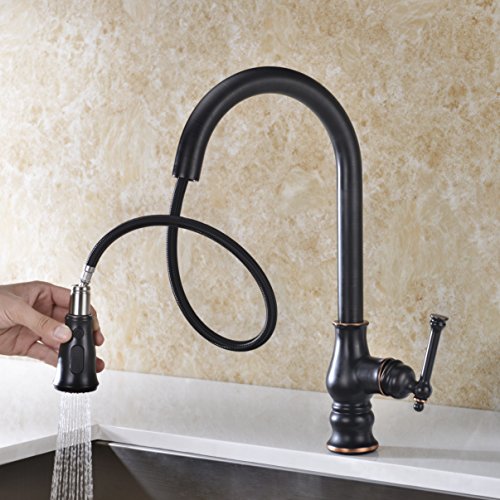 Kitchen Faucet,Delle Rosa Lead Free Brass Kitchen Faucet,High Arc 360 Degree Swivel Kitchen Faucet, Pre-rinse Kitchen Faucet with Pull Down Sprayer Oil Rubbed Bronze