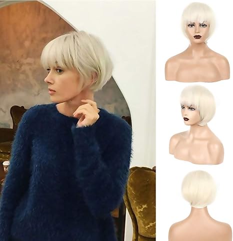 Amazon Co Jp 白人女性用ウィッグ ブロンドボブウィッグ 前髪付きショートボブウィッグ ピクシーカットブラントカットボブウィッグ ナチュラルルックなしレースフロントグルーレス合成ウィッグデイリー 10インチ ブロンドウィッグ ホーム キッチン