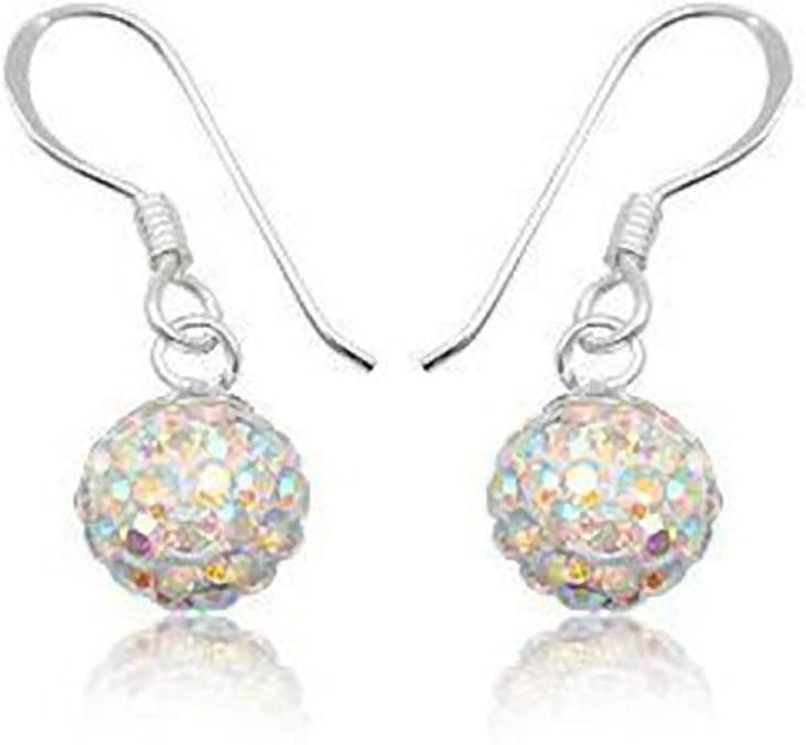 8MM Disco Ball Sterling Silver Dangly Drop Hook Earrings AURORA AB